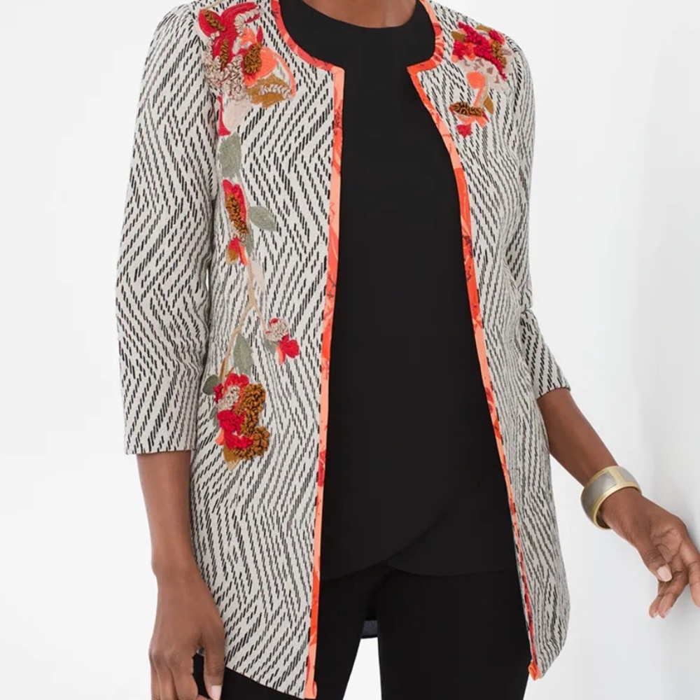 Chico’s Floral Embroidered Open Jacket